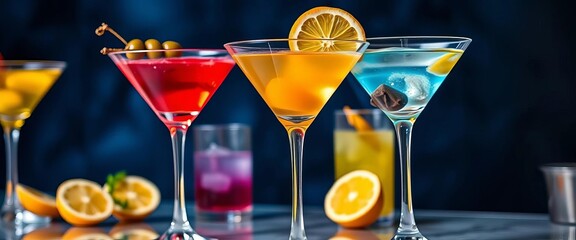 Elegant martini glasses filled with colorful cocktails, garnished with olives and citrus twists, cocktail recipes, stirred