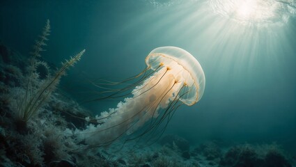 A white jellyfish in beautiful, clear blue water. Warm, intense rays of sunlight coming from above.