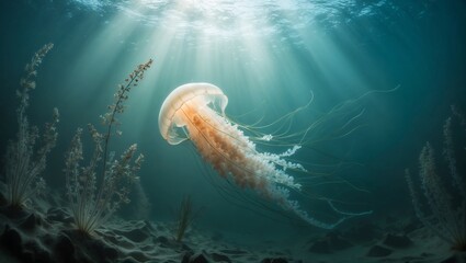 A white jellyfish in beautiful, clear blue water. Warm, intense rays of sunlight coming from above.