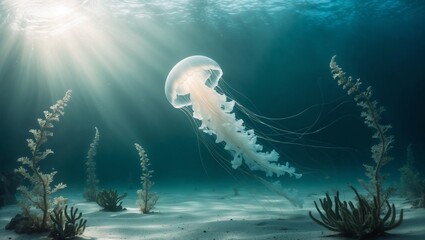 A white jellyfish in beautiful, clear blue water. Warm, intense rays of sunlight coming from above.