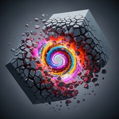 Unleash Innovation: Dynamic Cube Explosion with Vibrant Core for Tech Industry Breakthroughs and Creative Marketing Campaigns, Showcasing Energy and Transformation