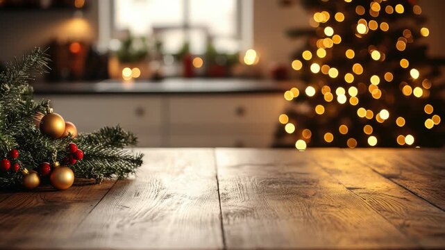 Empty wooden table providing christmas product placement opportunity in a blurred kitchen with christmas tree and lights, perfect for festive installations and presentations