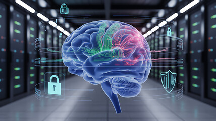 Digital brain in server room with security icons represents ai