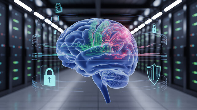 Digital brain in server room with security icons represents ai