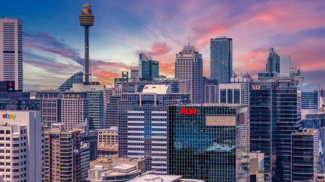 18 November 2025 Panoramic night view of Sydney Harbour and City Skyline of NSW Australia beautiful colourful skies on a beautiful spring day