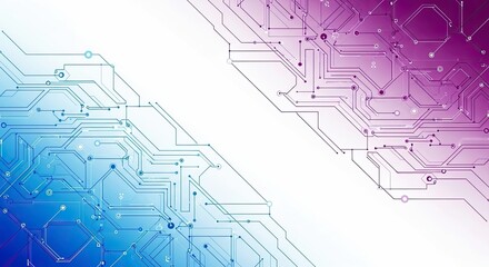 Sleek abstract digital technology background showcasing a futuristic network of circuit lines and nodes, flowing across a vibrant blue and purple gradient spectrum