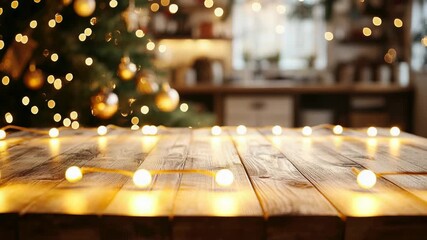Christmas product display template featuring an empty wooden table decorated with pine cones and golden ornaments, set against a blurred, festive kitchen backdrop - Powered by Adobe