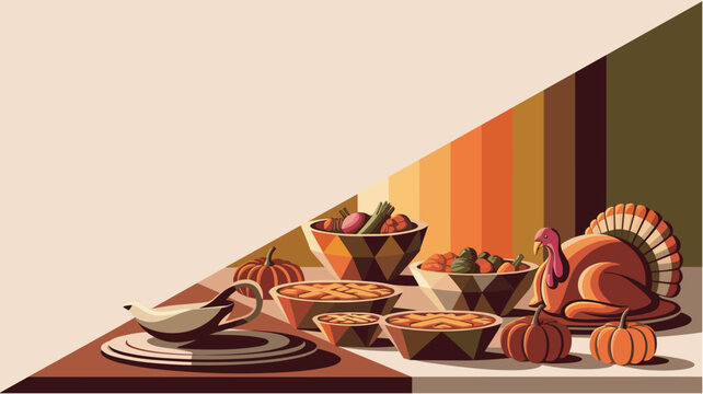 Diagonal Thanksgiving table illustration with empty text space - Powered by Adobe