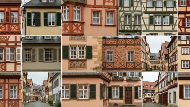 A compilation of close-ups showcasing distinct historical building facades, focusing on windows, shutters, and half-timbered construction. Colors of beige, terracotta, and green