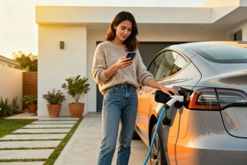 Sustainable and economic transportation concept. A woman charges an electric vehicle while using a smartphone in a modern home setting.