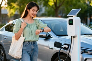 Sustainable and economic transportation concept. Woman checking her watch while charging an electric vehicle at a charging station outdoors.
