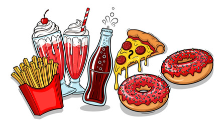 Assortment of delicious fast food items including pizza donuts milkshakes soda and fries.