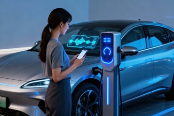 Sustainable and economic transportation concept. Woman charging electric vehicle at a modern station, showcasing technology and sustainability in transportation.