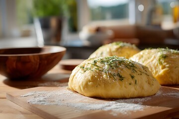 Dough brushed with garlic and herbs ready for baking in the kitchen