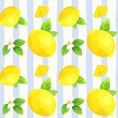 Watercolor lemons seamless pattern. Yellow fruits and green leaves on a striped background