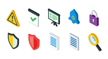 Isometric Icons Representing Security and Business Concepts.