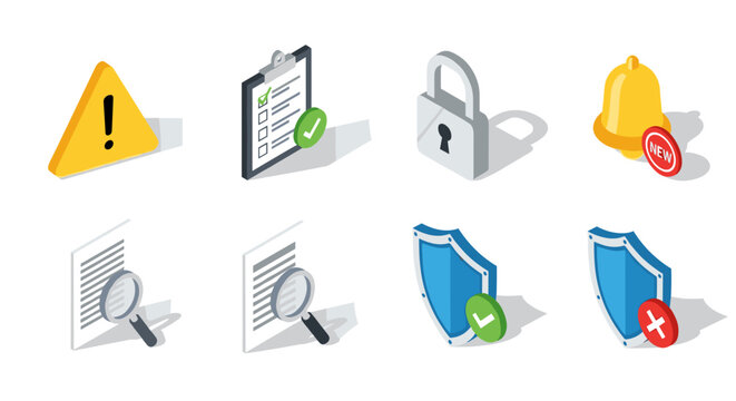 Set of Isometric Icons Representing Security and Verification Processes.