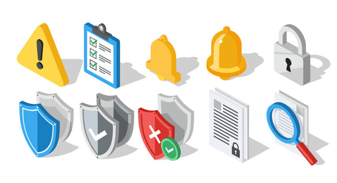 Set of isometric security icons for digital protection and safety.