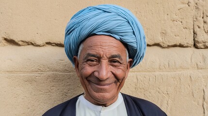 Middle Eastern Man in Traditional Attire Smiling in Front of Ancient Egyptian Stone Carving Architecture