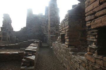Ruins of the Earls Palace landmark in Kirkwall, Orkney, a moody historic 16th-century Renaissance fortress featuring crumbling archways, aged stonework, and atmospheric courtyards.