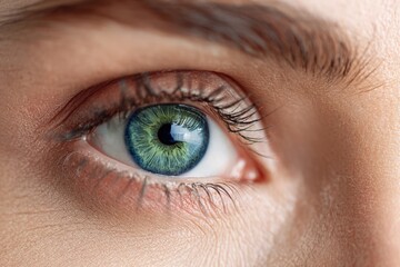 Obraz premium Close-up of a human eye showcasing vibrant green and blue hues, with intricate details of eyelashes and skin texture, highlighting the beauty of natural vision and expression