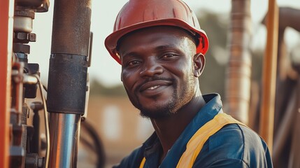 African Male Mechanic with Hard Hat and Goggles Repairing Machinery in Workshop