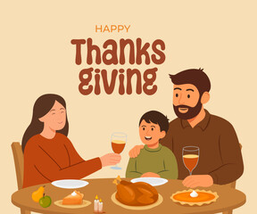 Thanksgiving Family Dinner Illustration &ndash; Parents and Child Celebrating with Traditional Meal, Candles and Festive Typography