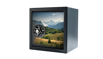 Metal safe box with mountain landscape scene