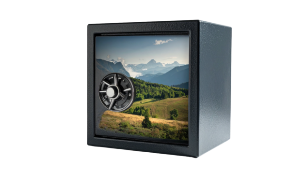Metal safe box with mountain landscape scene