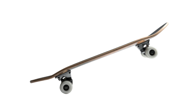 Angled view of a plain skateboard, isolated on black background