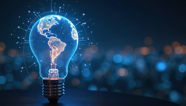 Glowing light bulb with planet Earth inside represents global innovation, connection. Digital network lines radiate outwards on dark blue background with bokeh lights. New ideas, future progress.