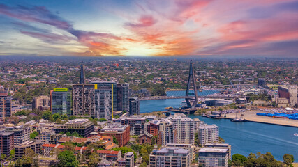 18 November 2025 Panoramic night view of Sydney Harbour and City Skyline of NSW Australia beautiful colourful skies on a beautiful spring day