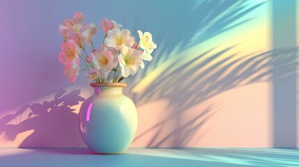 White Vase with Plumeria Under Colorful Light and Shadow, Minimalist Design for Interior Decoration