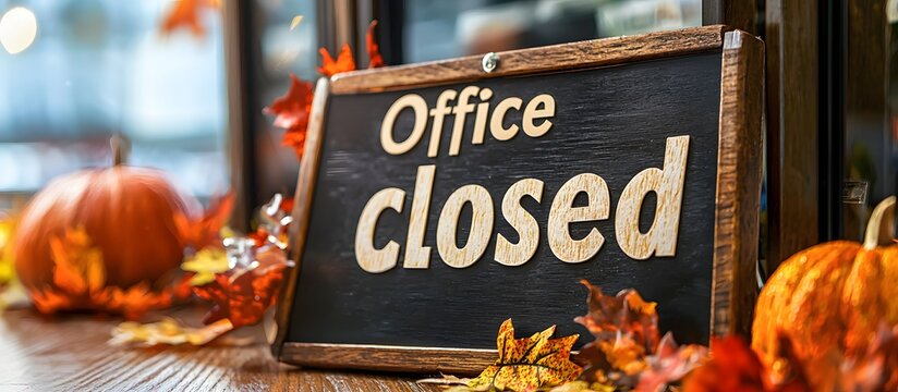 Closed office sign with autumn decorations
