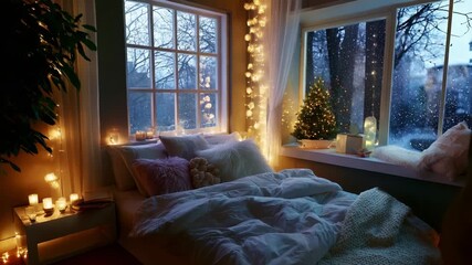 Cozy Winter Bedroom Retreat with Soft Lighting and Festive Decorations, Showcasing a Warm Atmosphere Amidst Falling Snowflakes and a Beautifully Adorned Christmas Tree by the Window