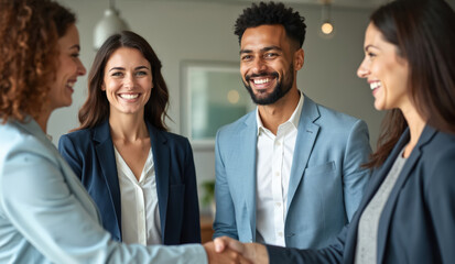 Diverse team of professionals shake hands in modern office. Colleagues smile during business meeting, discussing partnership and future success. Workplace collaboration.