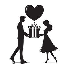 Couple exchanging a gift silhouette