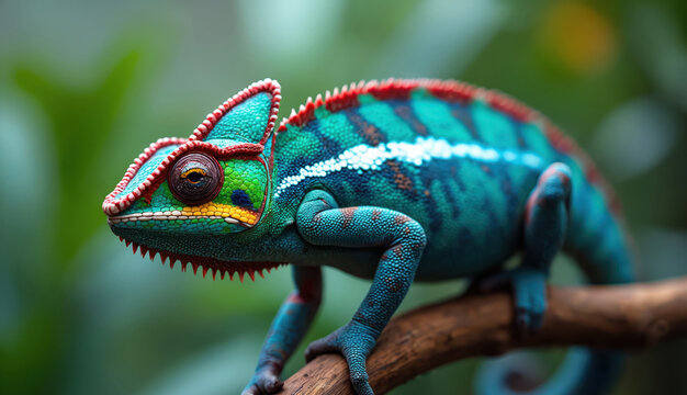 Vibrant male panther chameleon with blue green body, red crest perched on tree branch. Reptile scaly skin textured detail, distinctive turret eyes looking alert in jungle habitat. Animal bright - Powered by Adobe
