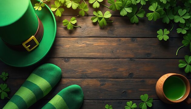 Green leprechaun hat with clover leaves scattered on a wooden surface. Striped green socks and a cup of green liquid are nearby. St Patricks Day celebration.