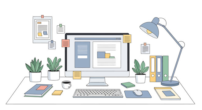 Clean and organized digital workspace featuring a minimalist computer, lamp, plants, and office supplies, ideal for efficient productivity and creative tasks