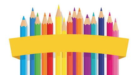 Fototapeta premium A vibrant collection of colored pencils arranged with a yellow ribbon banner, perfect for back to school, art projects, and creative design concepts.