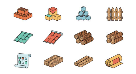 Colorful illustration of various construction materials including bricks, wood, roofing tiles, and fencing, representing building and home improvement supplies.