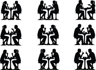 Obraz premium Silhouettes of couples dining together at tables in a restaurant setting