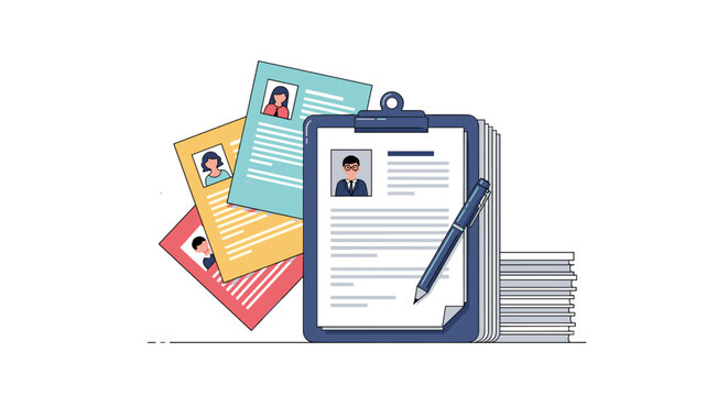 A collection of resumes and a clipboard with a pen suggest the hiring process, job applications, and candidate selection for employment opportunities.