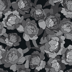 Elegant seamless pattern of blooming peonies in layered grey tones on a dark background. A refined, modern monochrome floral design.