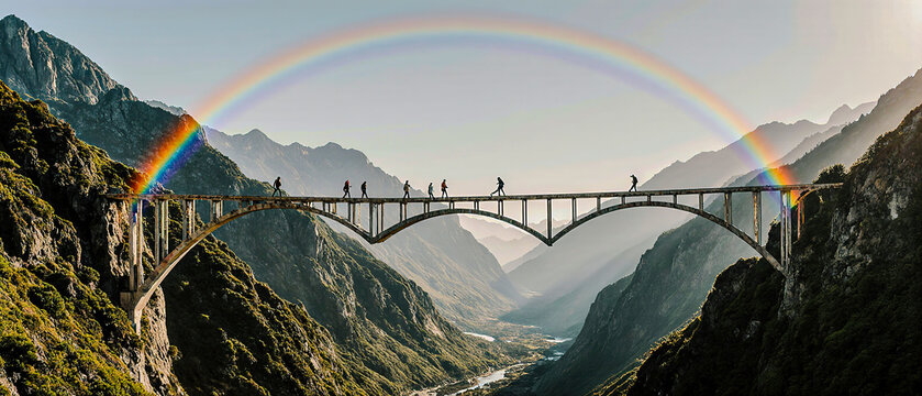 Travelers walking across solid rainbow bridges between mountains.