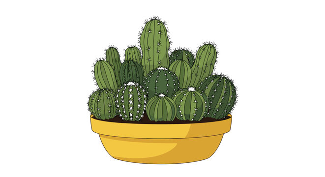 A vibrant collection of various green cacti densely planted in a bright yellow ceramic pot, showcasing a desert botanical arrangement.