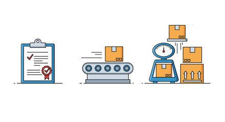 Quality control process illustration featuring inspection, conveyor belt, and weight check for shipping and logistics operations.