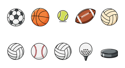 Fototapeta premium Colorful collection of various sports balls and equipment including soccer, basketball, tennis, football, volleyball, baseball, golf, and hockey items.