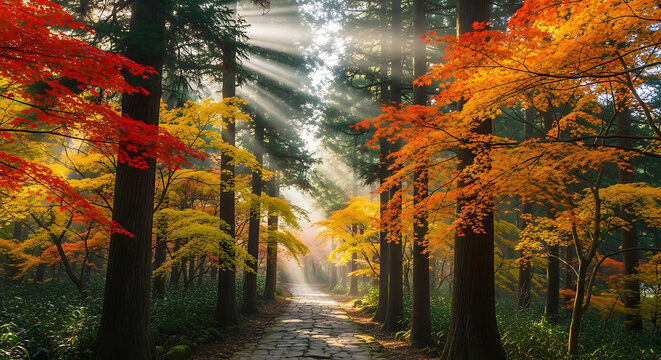 Drone Shot of Kiso Valley Nakasendo Trail Autumn Forest Walk